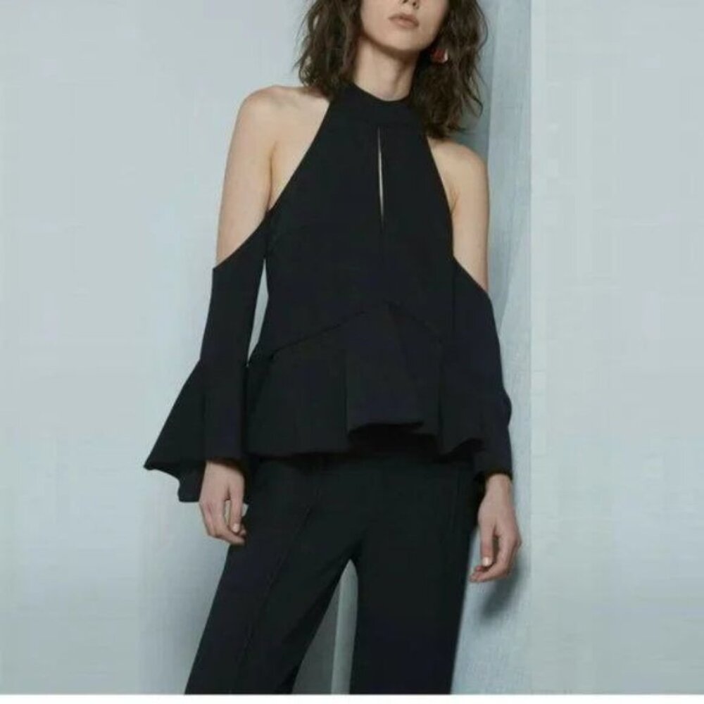 C/MEO COLLECTIVE Too Close Halter Bell Sleeve Cold Shoulder Black Top
